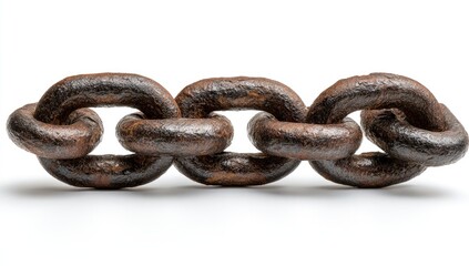Obraz premium Three heavily rusted metal chain links on a white background, close-up shot