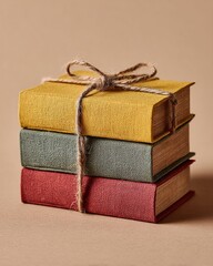 Three colorful notebooks are tied together with twine and placed against a beige background, creating soft shadows and overhead lighting. A warm and minimalist back-to-school stationery concept.
