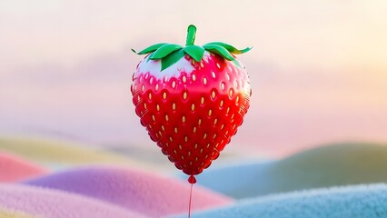 Giant strawberry shaped balloon floating over colorful rolling hills landscape