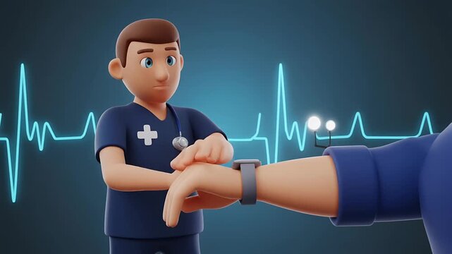 Animated medic checks patient pulse using smartwatch with heartbeat graph.