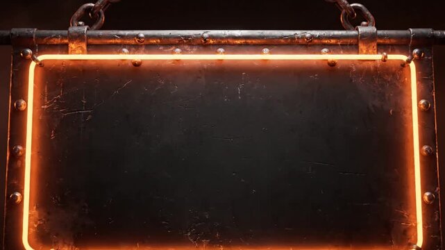 Dark metallic sign with glowing orange neon border hanging from chains