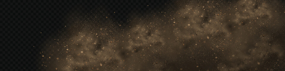 Naklejka premium Realistic vector background of sandy smoke clouds and fine dust particles swirling in a desert storm. Brown dune explosion with yellow flying sand, dirt clusters, and textured wind effect.
