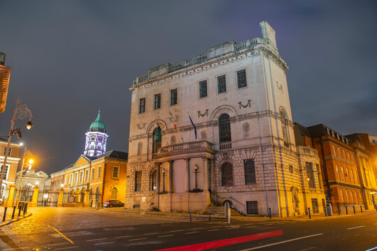 Newcomen Bank at night. This building is a former Georgian bank at Castle Street and Lord Edward Street in historic city centre of Dublin, Ireland. 