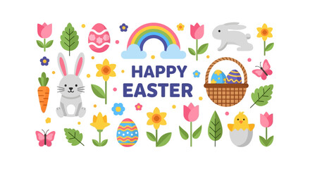 Fototapeta premium Happy Easter Celebration: Cute Bunnies, Colorful Eggs, Flowers, Rainbow, and Chick