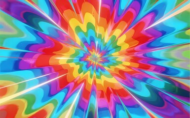 A vibrant psychedelic vector illustration features a bright rainbow swirl pattern of neon circles and digital fractal textures creating a colorful explosion effect on a pink and blue backdrop