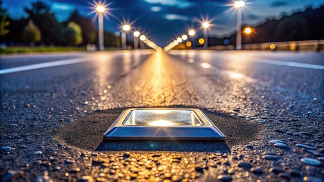 Reflective Road Stud Embedded in Wet Asphalt at Night
