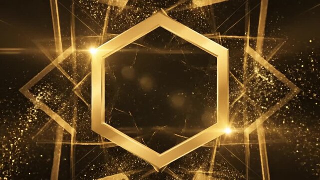 Elegant golden hexagon border with glittering particles and light flares