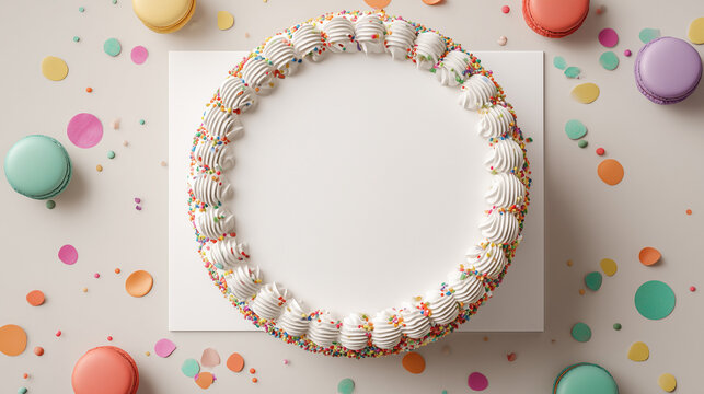 festive birthday cake frame template with white frosting and confetti, top view round cake border for greeting card and party invitation, minimalist celebration background with macaroons and sprinkles