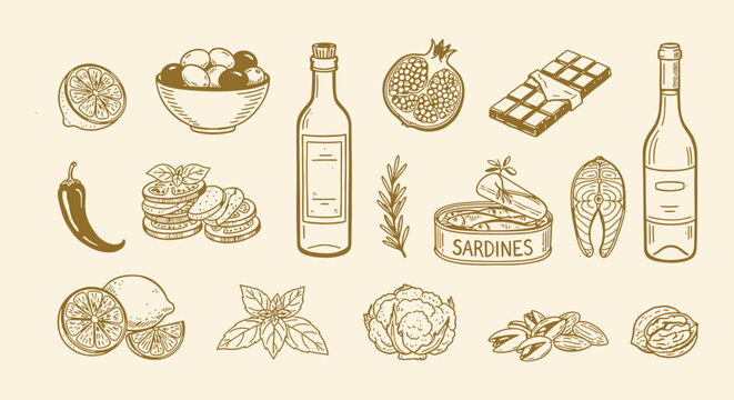 Mediterranean lunch and dinner doodle icons. Pasta, olive, pizza, cheese, tomato, lemon, wine. Dolce vita aesthetics. Hand drawn doodle elements collection