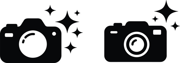 Digital camera and photography beauty icons set, professional DSLR camera symbols with sparkling magic shine effects © Billal