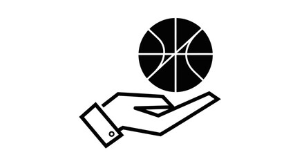 Simple black and white outline icon depicting a hand holding a basketball, symbolizing sports, play, or offering.