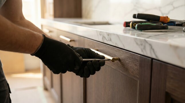 Close-up shot of a skilled worker's gloved hands meticulously installing a sleek golden handle onto a modern dark wood kitchen cabinet, highlighting precision in home renovation and interior design