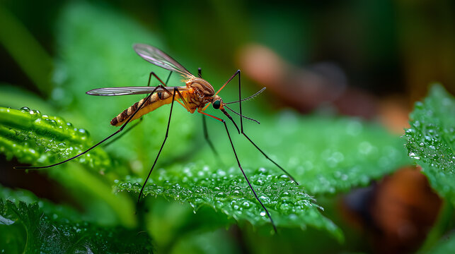 Mosquito insect macro on green leaf with water drops tropical pest wildlife closeup nature