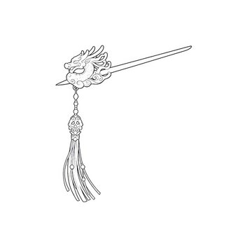 Anime manga line art of hair stick with tassel profile.