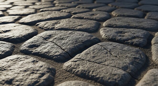 Close-up view of cobblestone pavement with textured stones and natural wear