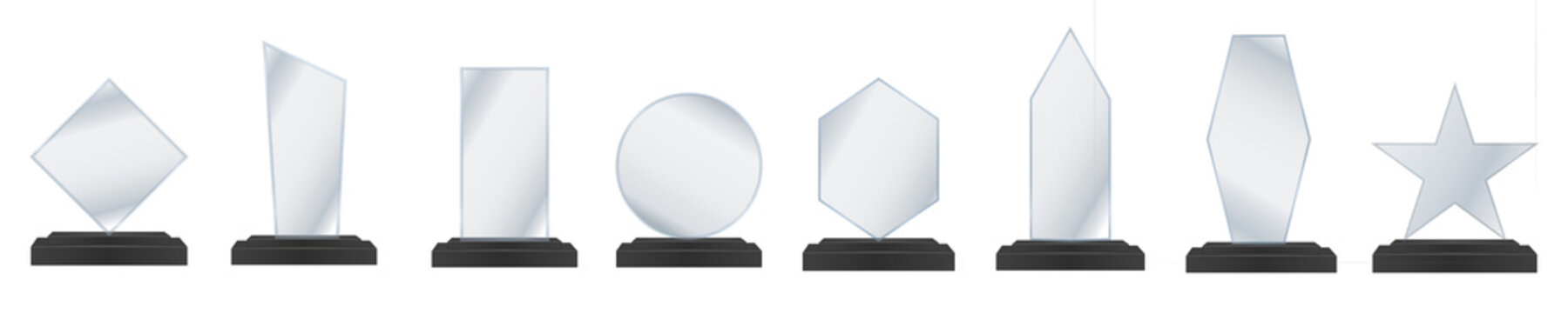 Blank acrylic trophy PNG isolated on transparent background, glass award, 3D crystal plate, realistic display for winner, first place, champion, achievement vector
