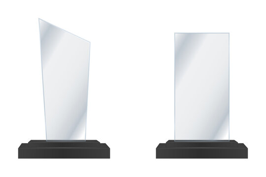 Acrylic glass trophy PNG set, 3D crystal awards, transparent background, blank winner prizes, vector illustration for first place, champion, premium achievement