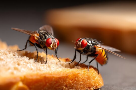 Extreme Close-Up of Houseflies Feeding on a Slice of Moldy Bread in Macro Detail