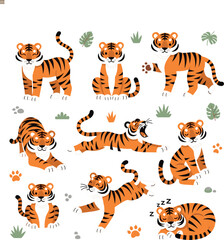 Cute Tiger Cartoon Character Pose Set Jungle Wildlife Animal Collection with Sitting Walking Playing Running and Sleeping Tiger Vector Illustration