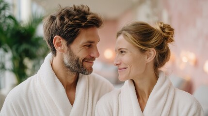 Fototapeta premium Smiling couple in white bathrobes relaxing at a luxury spa or hotel.