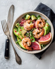 Grilled shrimp salad with avocado grapefruit microgreens and vinaigrette on marble fresh seafood lunch concept