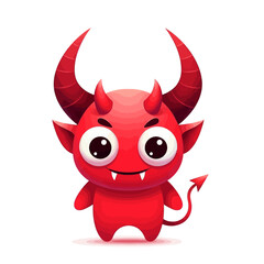 Cute Red Devil Cartoon Character with Big Horns and Tail