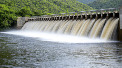 Water flowing over dam creates beautiful scene of nature and engineering, surrounded by lush green hills
