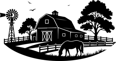 Obraz premium Rural farm landscape with wooden barn silhouette vector illustration