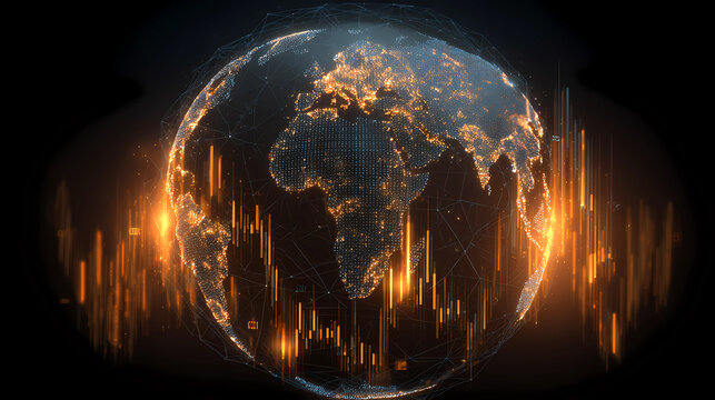 Futuristic abstract visualization of global stock market charts and world map with glowing data points