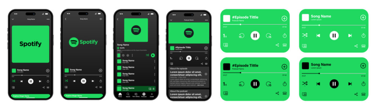 High-quality Spotify music app mockup with signature green branding. Includes player, playlist, and podcast screens for UI/UX developers to demonstrate modern branding and functionality.