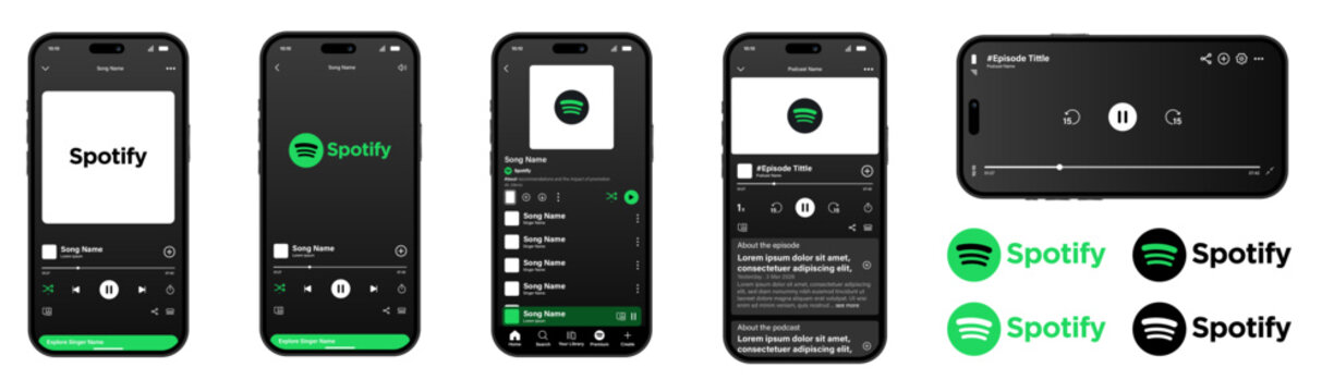 Sleek dark mode Spotify app mockup featuring minimalist mobile screens and high-resolution icons. Perfect for presenting modern dark theme applications and premium streaming experiences.
