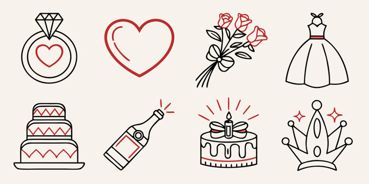 A collection of wedding-related icons including a ring, heart, flowers, dress, cake, champagne, and crown