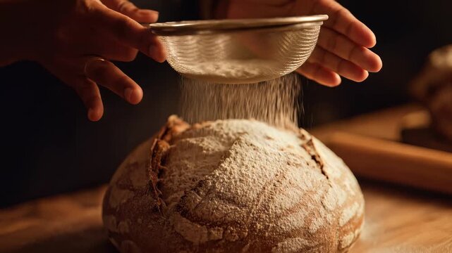 Flour-dusted Artisan Loaf: Hands delicately sift flour over a freshly baked artisan loaf of bread, accentuating its rustic texture and inviting aroma.