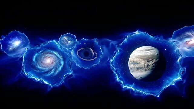 Dynamic Cosmic Scene with Swirling Galaxies, Ringed Planets, and Gas Giants Enveloped in Vibrant Blue Energy