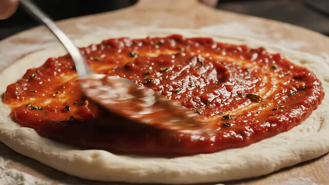 Applying tomato sauce to pizza dough close up