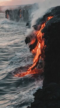 meson. Lava meeting ocean, forming black volcanic rock with rising steam at sunset. inspiring travel planning, travel magazines, designed for travel destination branding, used by nutritionists.
