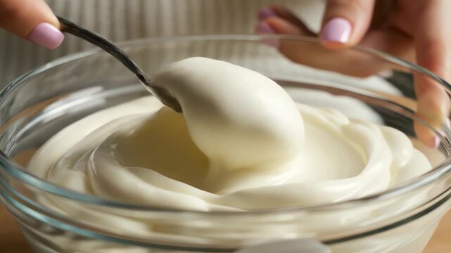 Close up creamy mixture being stirred in a glass bowl with a spoon