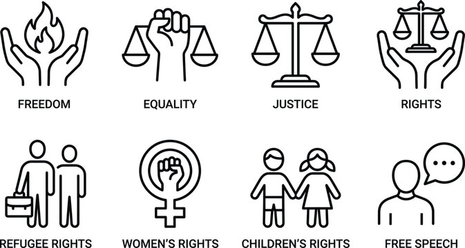 Human rights line icon set illustrating freedom, equality, justice, women&rsquo;s rights, children&rsquo;s rights, refugee rights and free speech concepts for advocacy, education and social awareness design