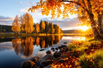 Fototapeta premium Serene Swedish Lakeside View at Golden Autumn Sunrise with Vibrant Color Reflections