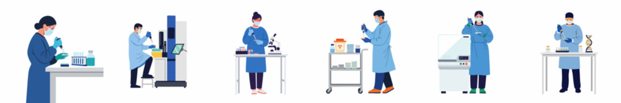 Collection of scientists and researchers working in a medical laboratory with specialized equipment, conducting experiments and testing samples in flat vector illustration style.
