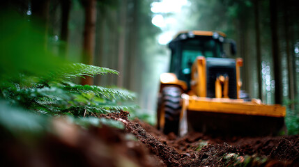 Fototapeta premium Firebreak trench carved through forest with bulldozer and exposed soil for wildfire prevention background and forest protection banner