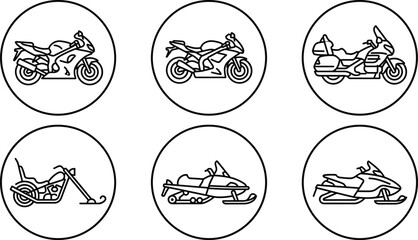 Motorcycle and snowmobile line icon set featuring sport bike touring bike chopper and winter snow vehicles in circular frames vector illustration © Mahamudul