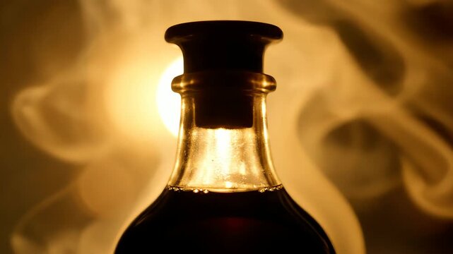 Close up of a vintage bottle with dark liquid and subtle smoke against a blurred backdrop