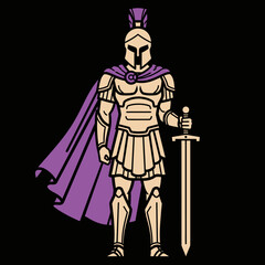 Fototapeta premium Spartan Warrior King with Sword and Purple Cape Standing Guard