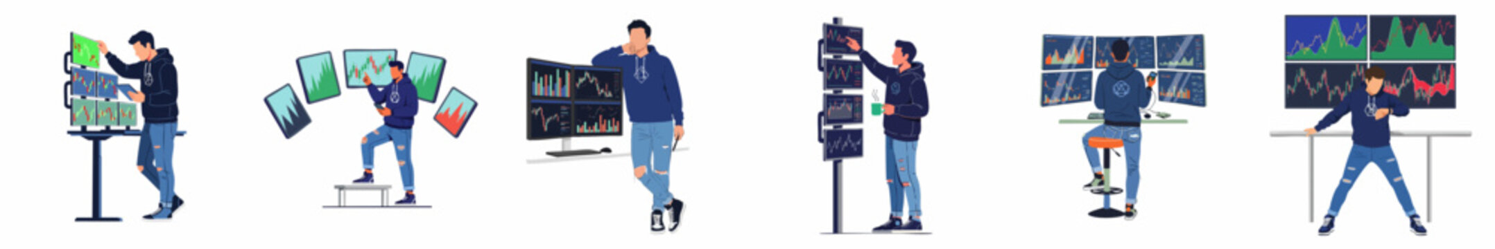 Professional trader analyzing financial market charts and stock data on multiple screens, flat vector illustration set.