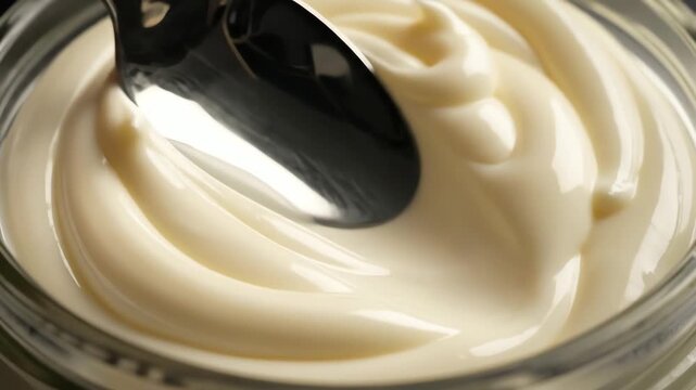 Close up of creamy dairy product in glass bowl with silver spoon