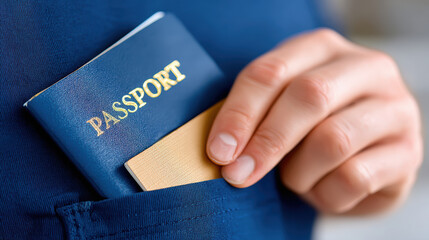 Blue passport and id card in a pocket close up for travel identification and secure document background