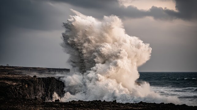 meson. Lava meeting ocean, forming black volcanic rock with rising steam at sunset. inspiring travel planning, travel magazines, designed for travel destination branding, used by nutritionists.
