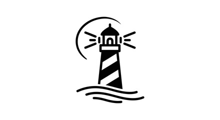 Fototapeta premium Black Lighthouse Icon with Waves and Light Rays on White Background