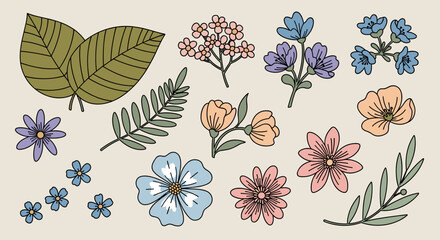 Fototapeta premium A vibrant collection of floral illustrations featuring various flowers and leaves in a modern, flat style